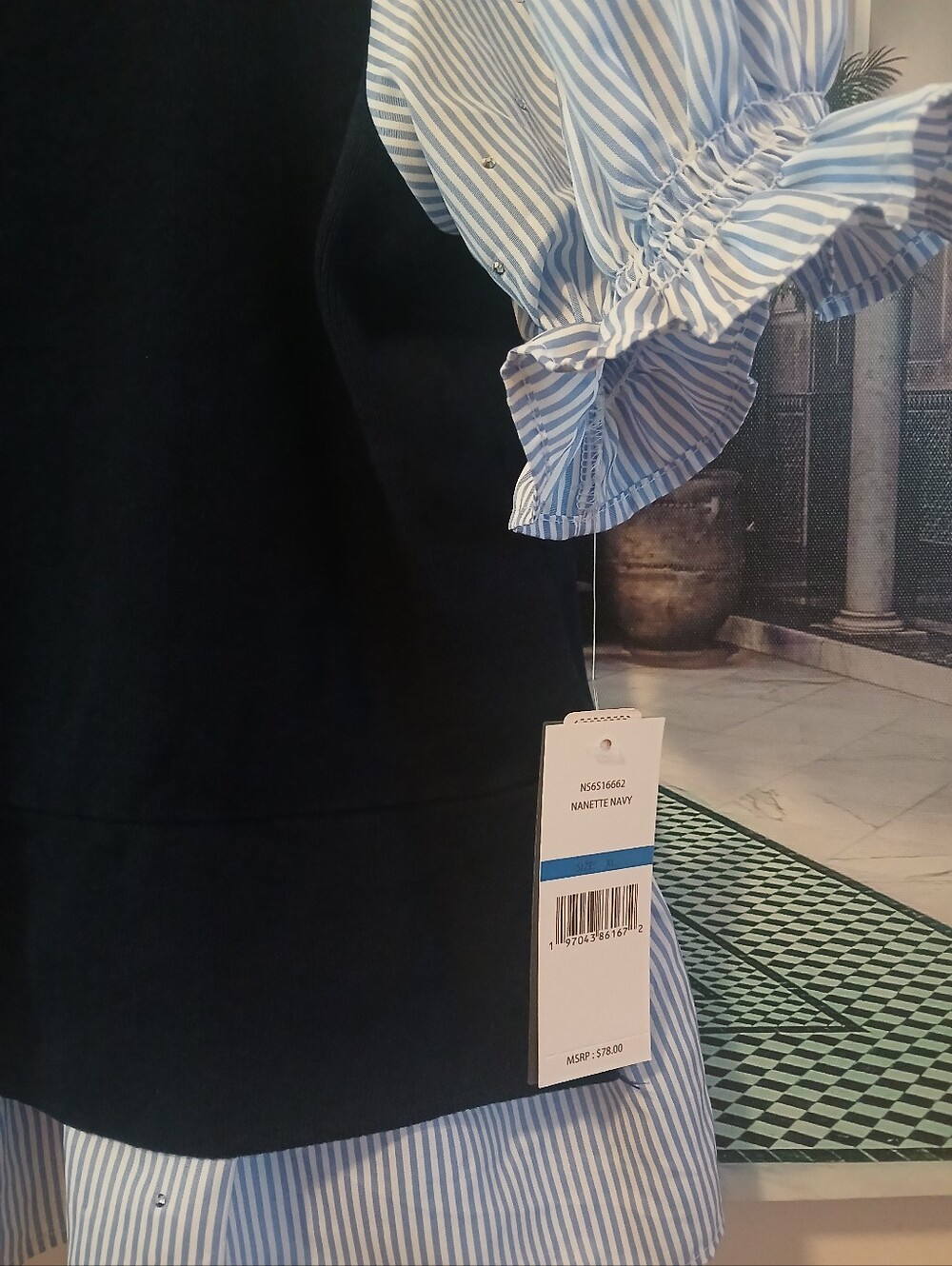 Nannette Navy Ribbed Knit Top with Blue-White Striped Sleeve Detail - Picture 6 of 12